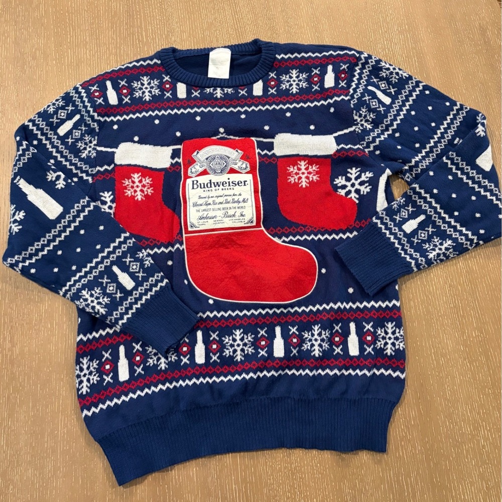 Budweiser‎ Men Sweater XL Blue Fair Isle Beer Can Christmas Stocking Pullover